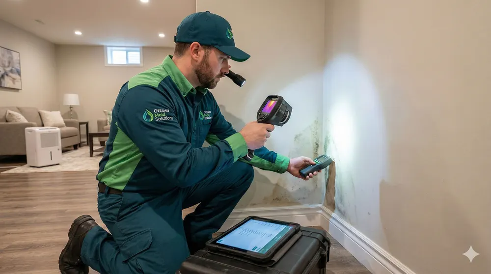 Technicien effectuant une inspection de moisissures dans une maison d'Ottawa
